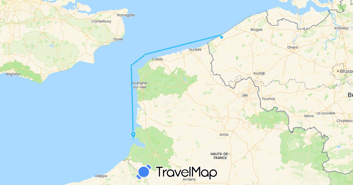 TravelMap itinerary: driving, boat in Belgium, France (Europe)